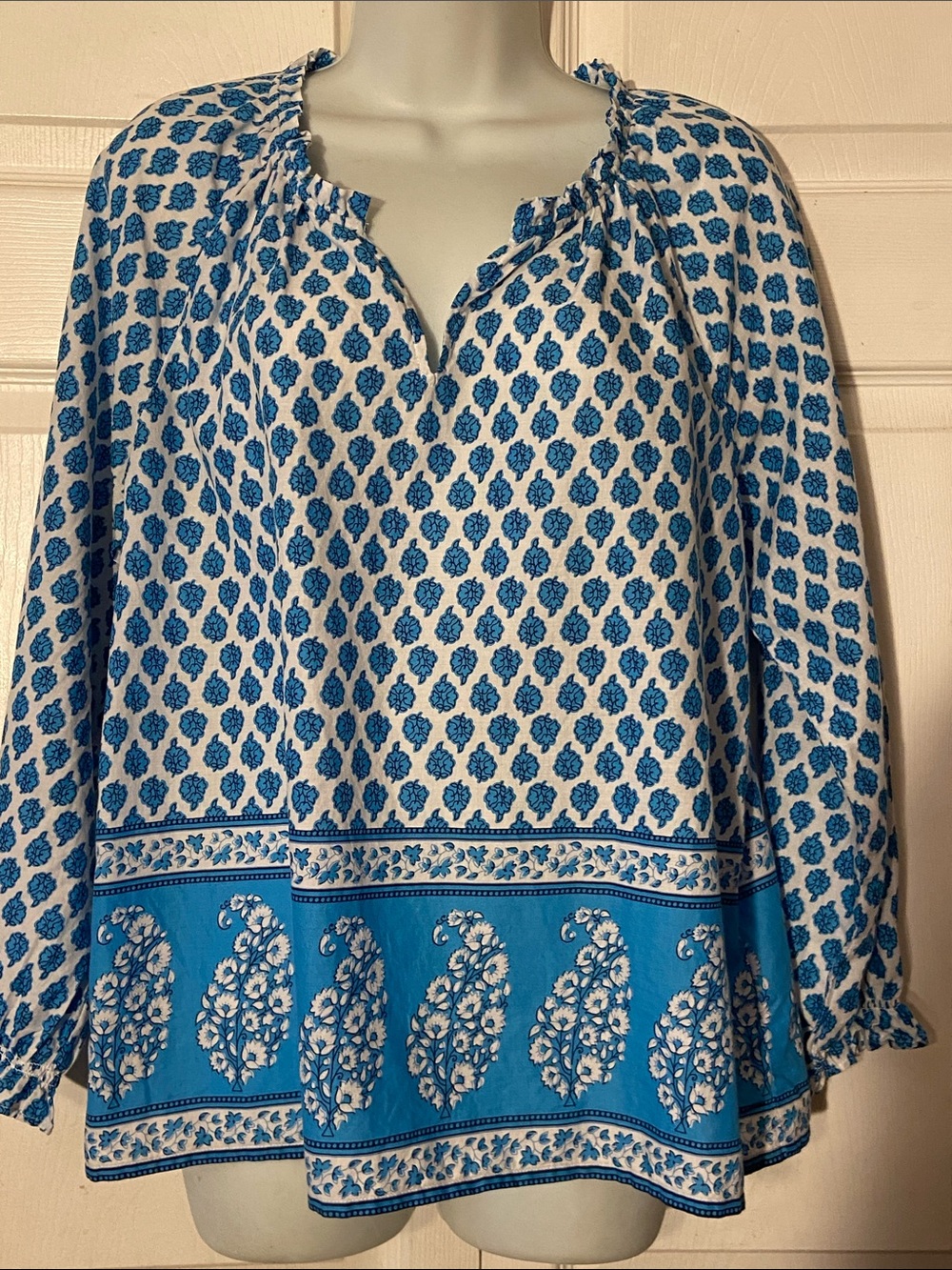 J.Crew Blue and White Printed Peasant Tunic Cotton Long Sleeves Blouse sz М